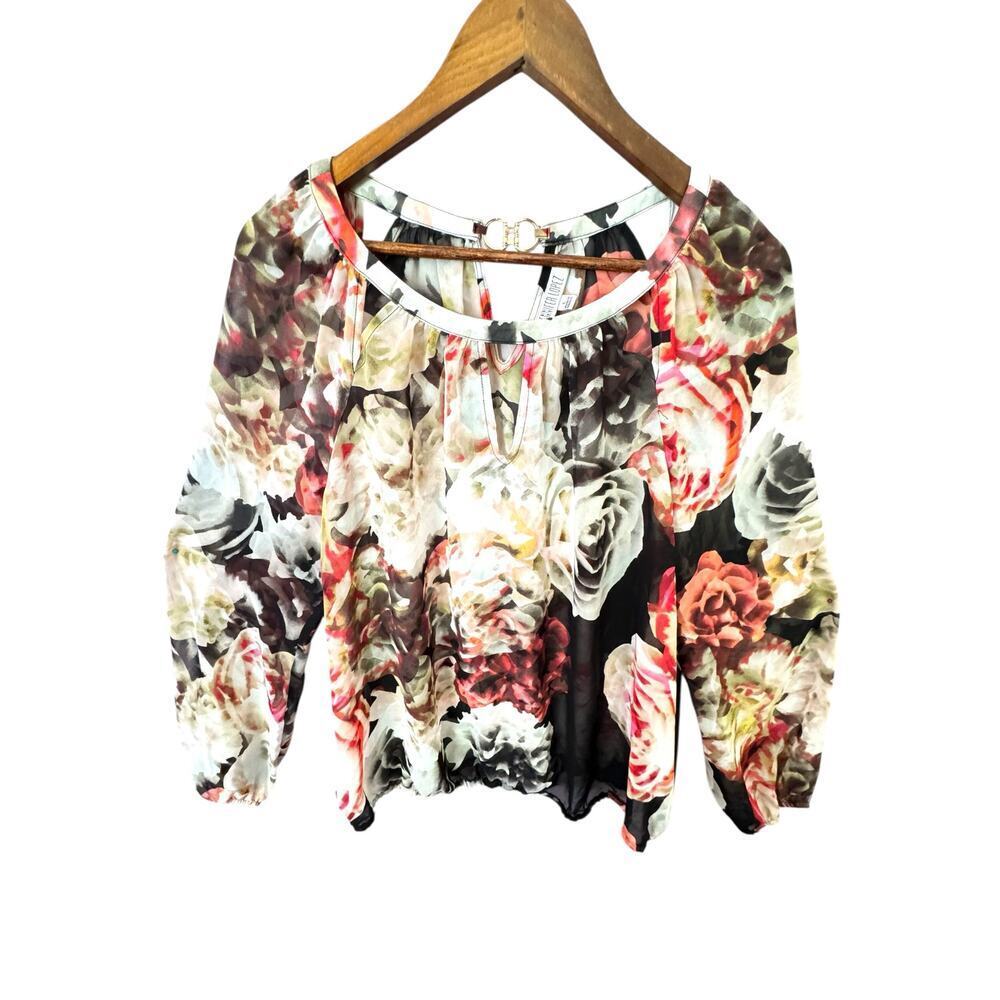 Jennifer Lopez Floral Sheer Blouse L Long Sleeve Keyhole Top Gold Chain Detail